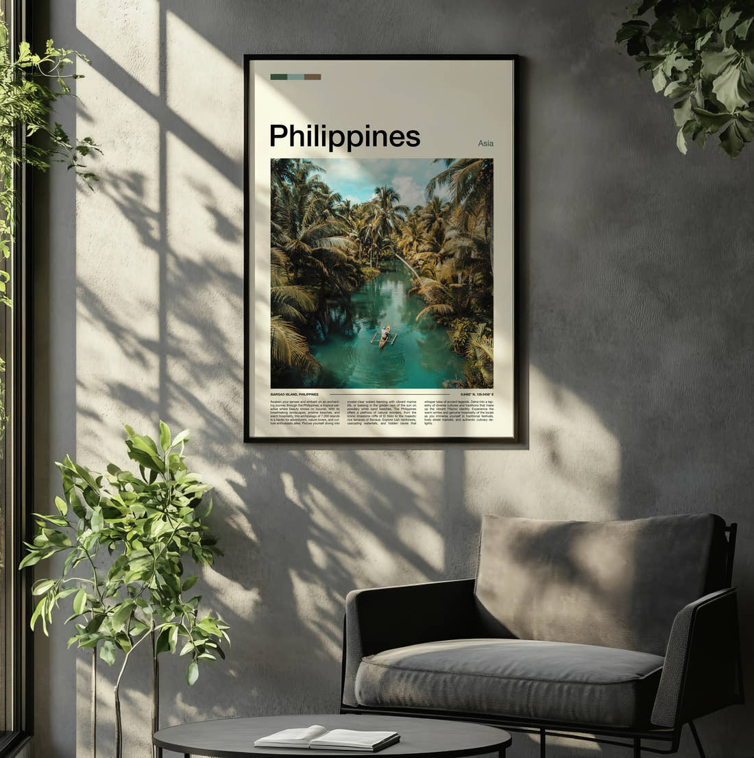 Philippines Boat On Jungle River Travel Print framed on the wall of a relaxed living room