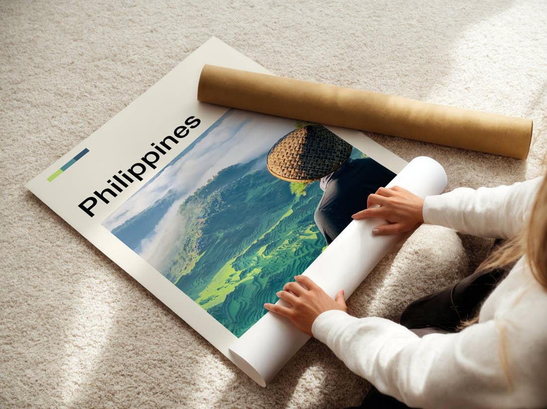 Philippines Straw Hat Travel Print being unrolled from its postal tube