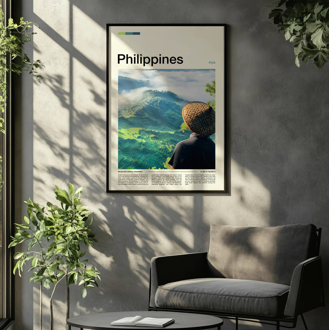 Philippines Straw Hat Travel Print framed on the wall of a relaxed living room