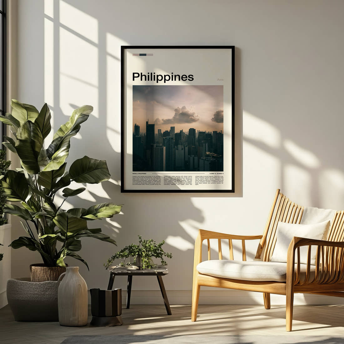 Philippines Moody Skyline Travel Print framed on a pale wall beside houseplants
