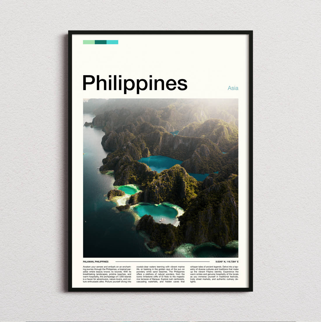Philippines Aerial View Of Lagoons Travel Print framed and photographed straight on