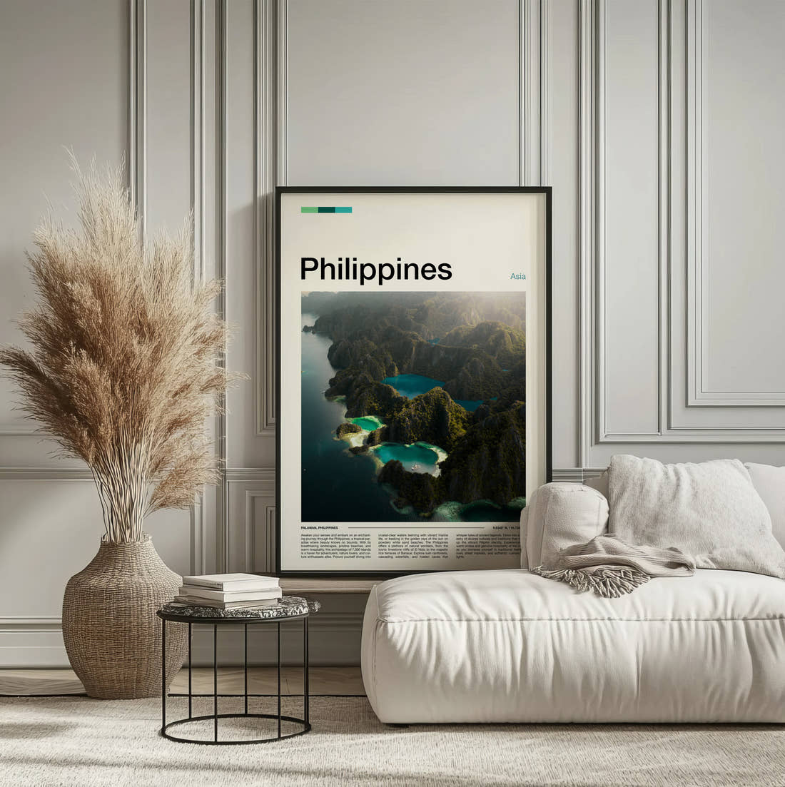 Philippines Aerial View Of Lagoons Travel Print framed on the wall of a calm, neutral bedroom