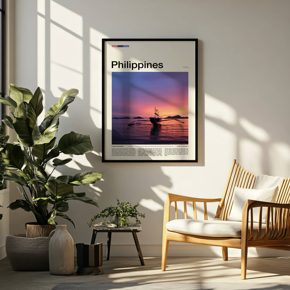 Philippines Outrigger Boat At Sunset Travel Print framed on a pale wall beside houseplants