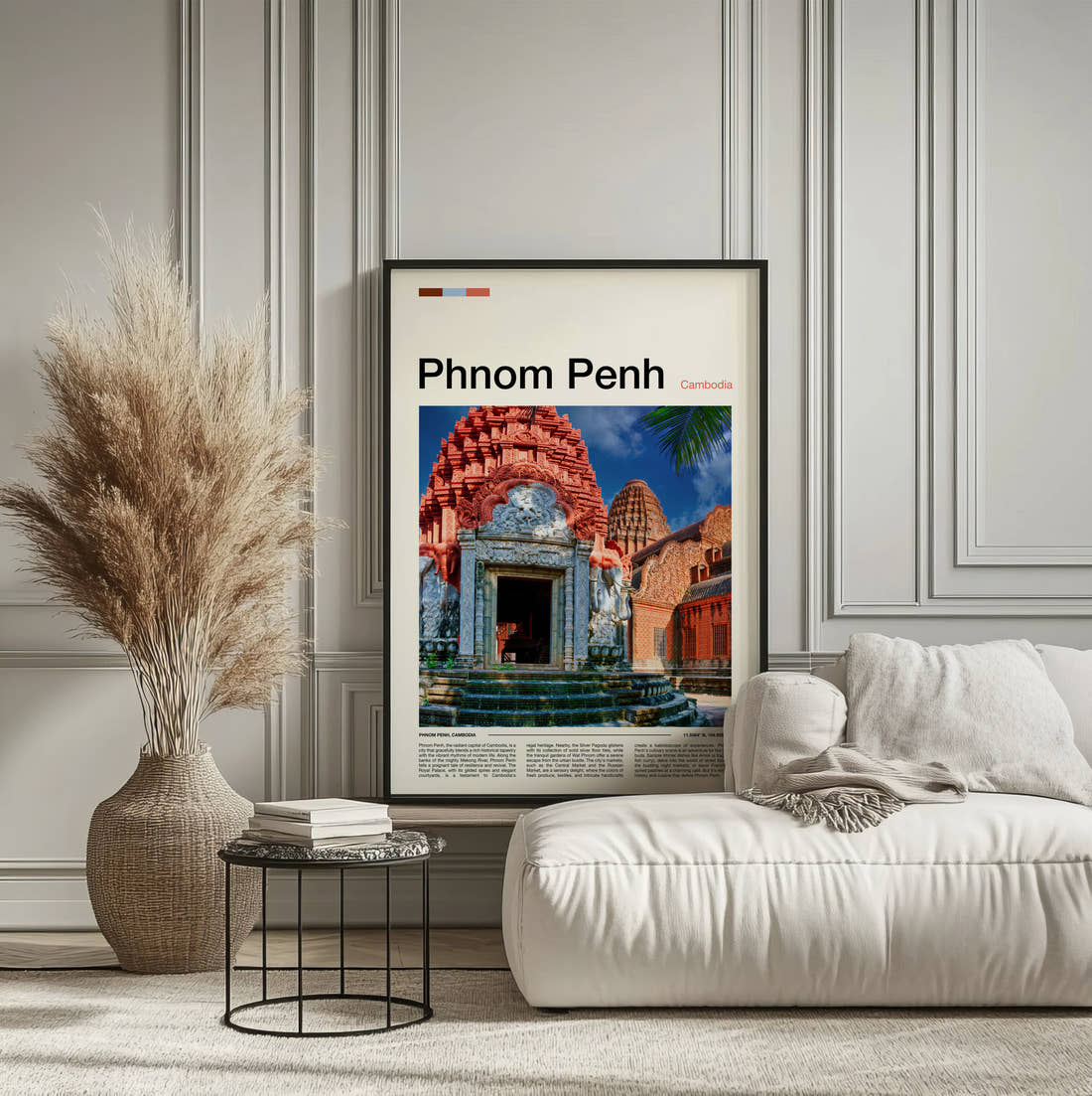 Phnom Penh Colourful Temple Travel Print framed on the wall of a calm, neutral bedroom