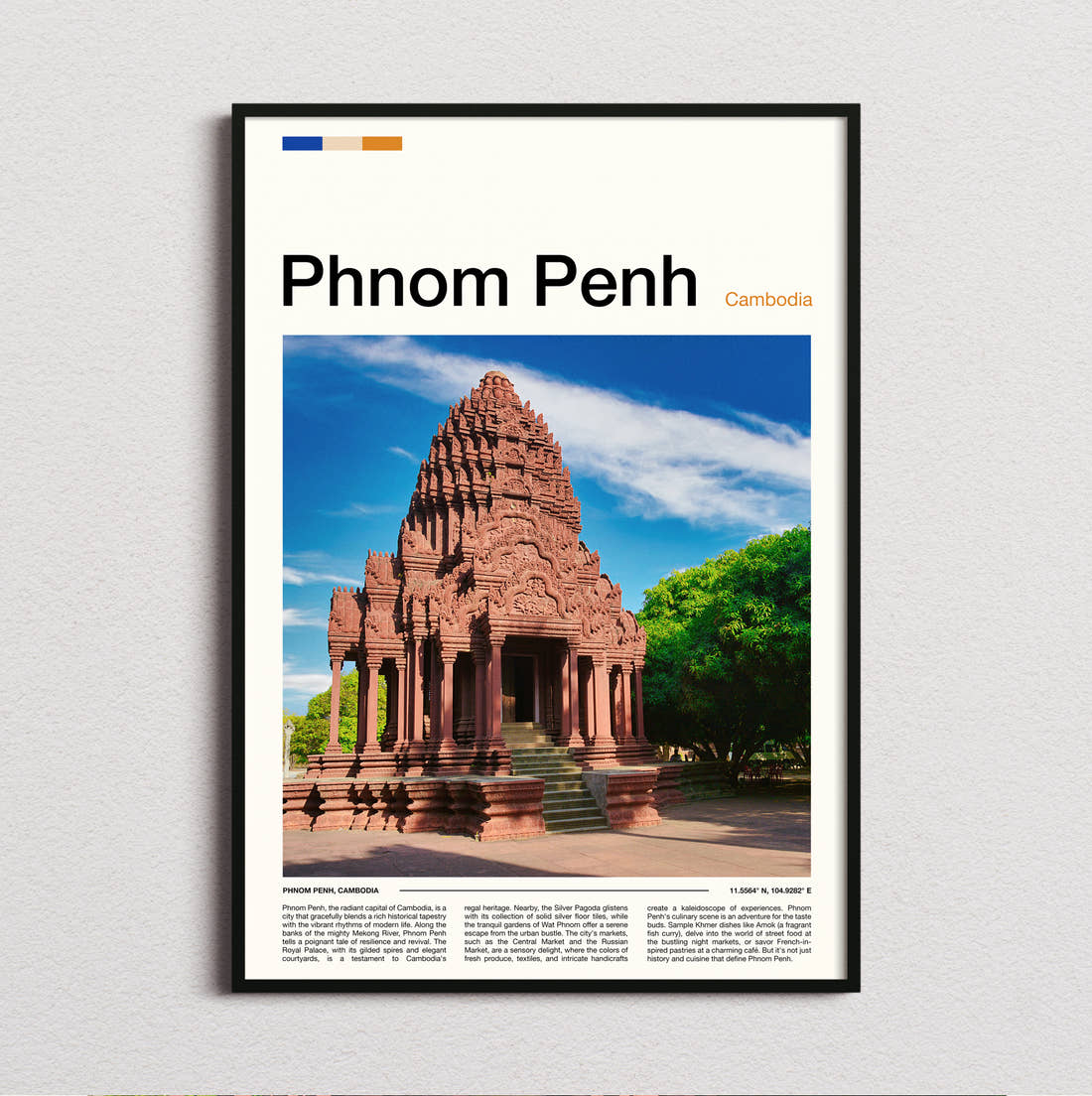 Phnom Penh Stone Temple Travel Print framed and photographed straight on