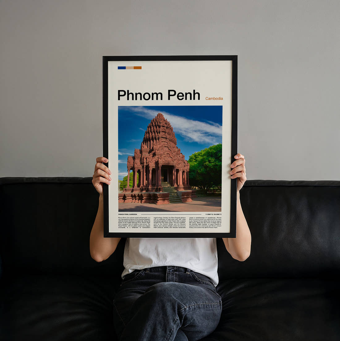 Phnom Penh Stone Temple Travel Print held up by hand to show the size of the print