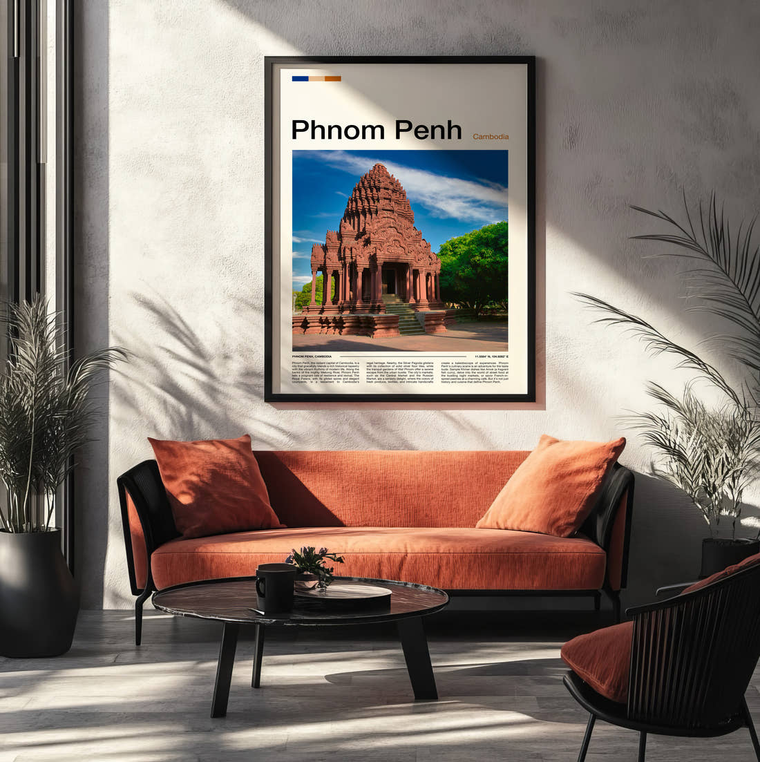 Phnom Penh Stone Temple Travel Print framed on the wall of a modern living room
