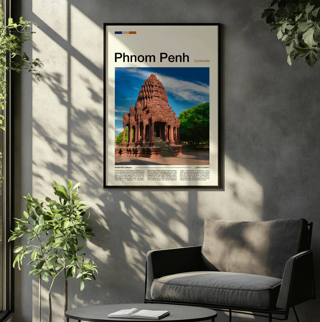 Phnom Penh Stone Temple Travel Print framed on the wall of a relaxed living room