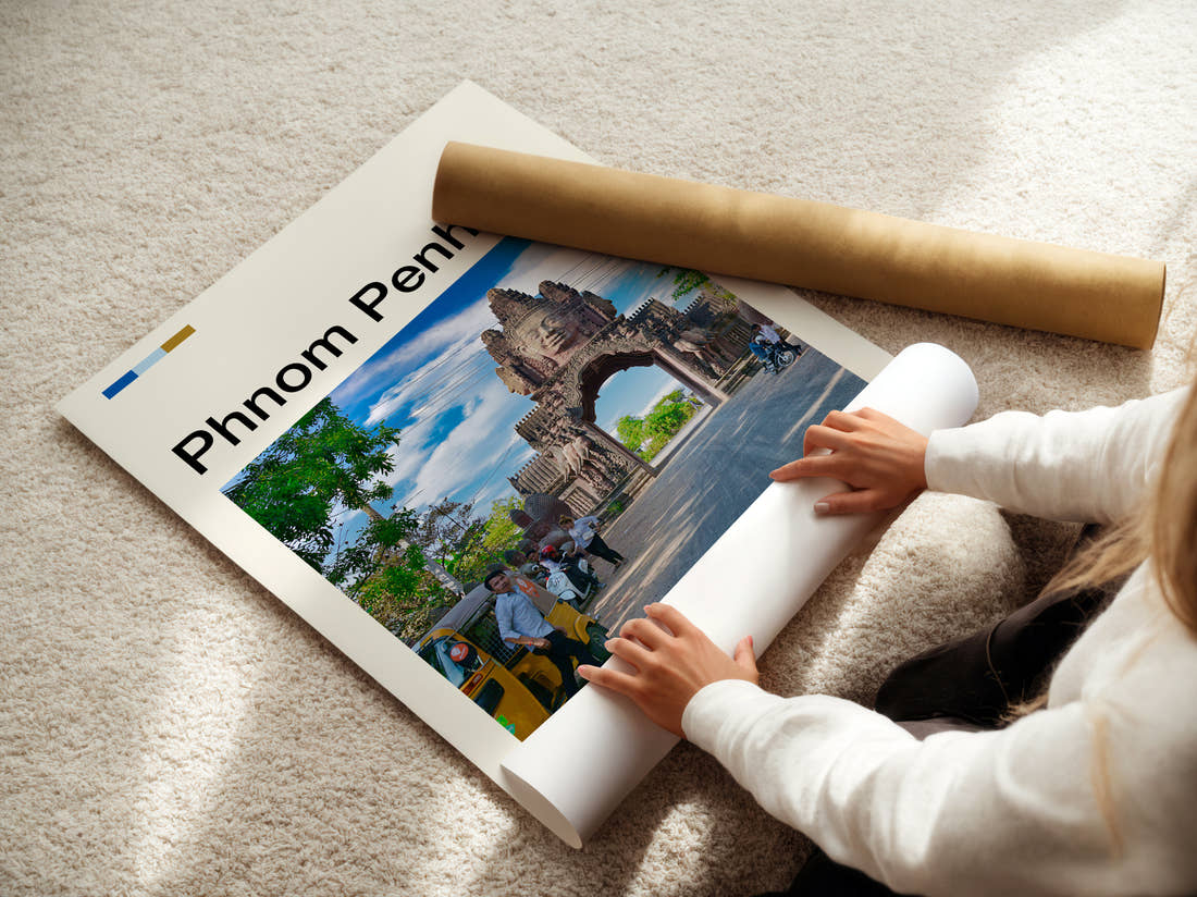 Phnom Penh Temple Gateway Travel Print being unrolled from its postal tube