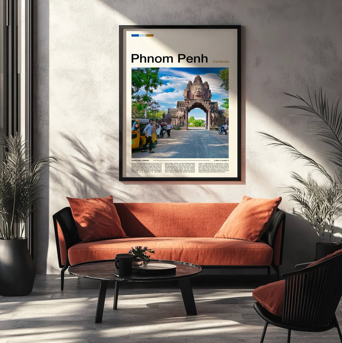 Phnom Penh Temple Gateway Travel Print framed on the wall of a modern living room