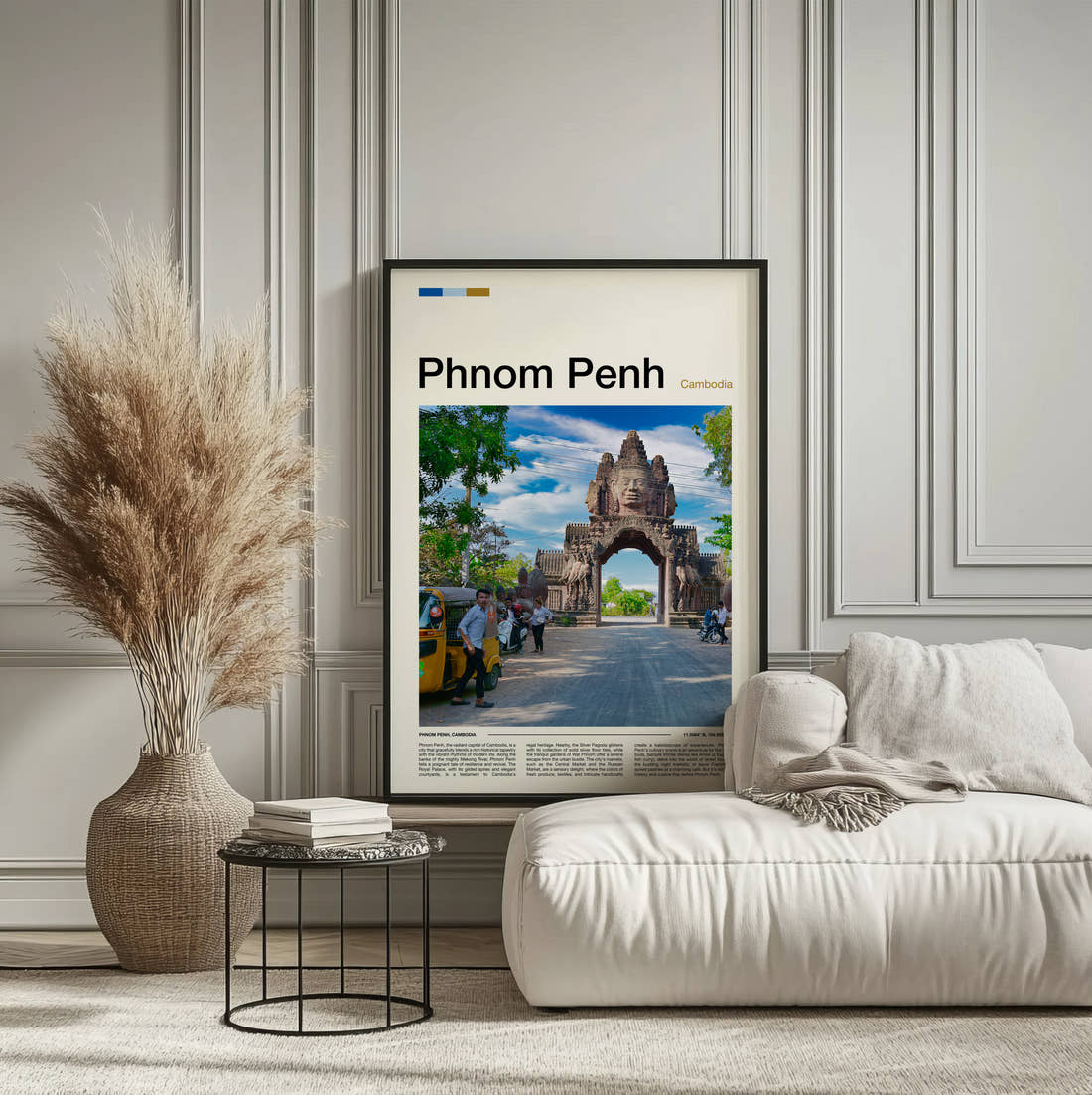Phnom Penh Temple Gateway Travel Print framed on the wall of a calm, neutral bedroom