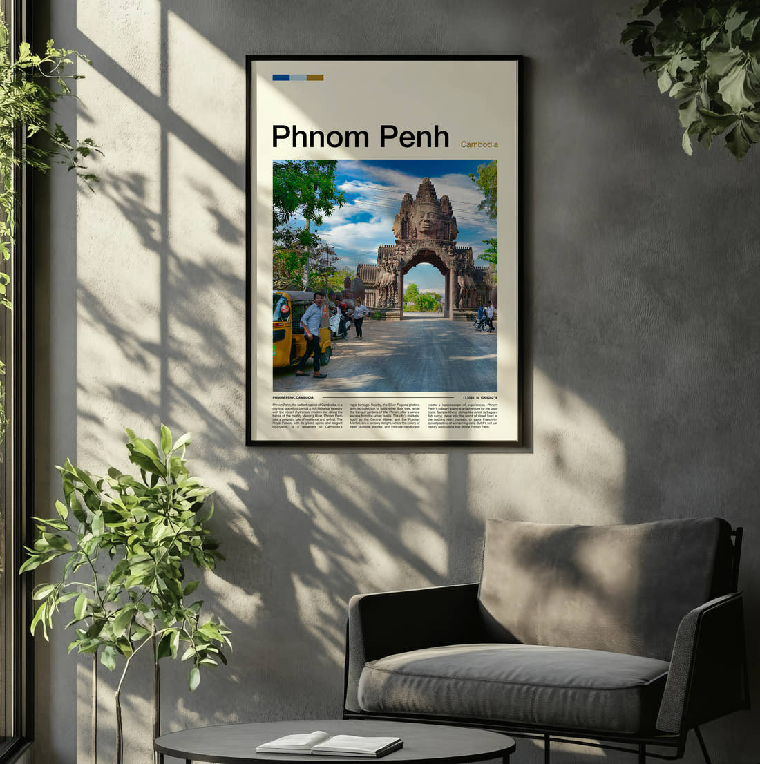 Phnom Penh Temple Gateway Travel Print framed on the wall of a relaxed living room
