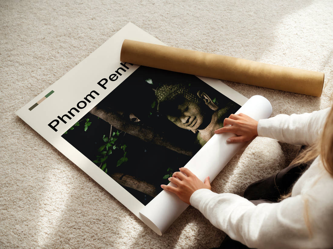 Phnom Penh Buddha Statue Travel Print being unrolled from its postal tube