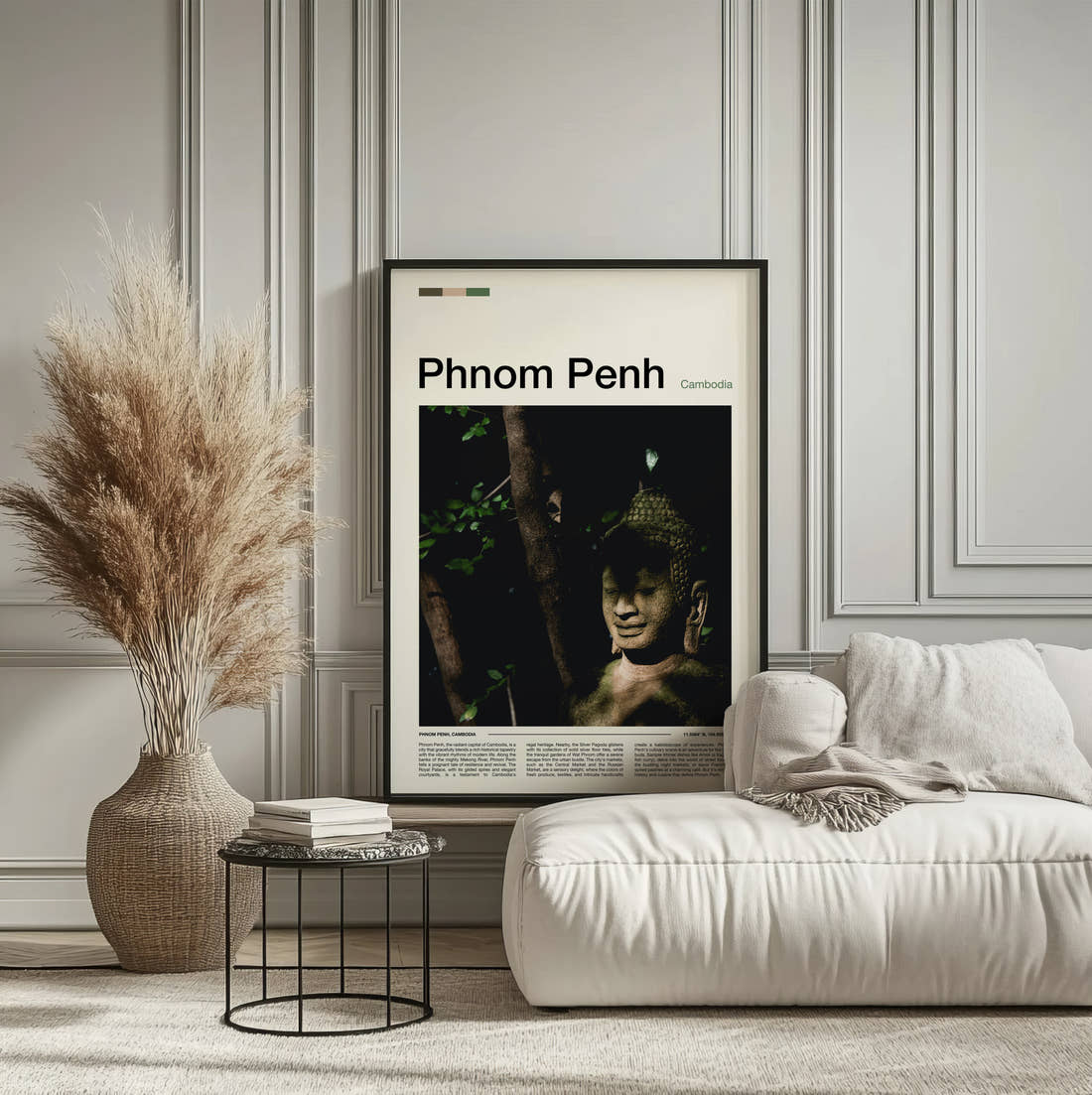 Phnom Penh Buddha Statue Travel Print framed on the wall of a calm, neutral bedroom