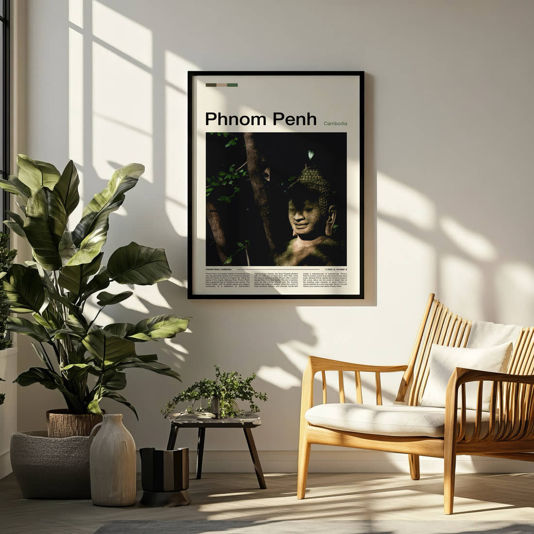 Phnom Penh Buddha Statue Travel Print framed on a pale wall beside houseplants