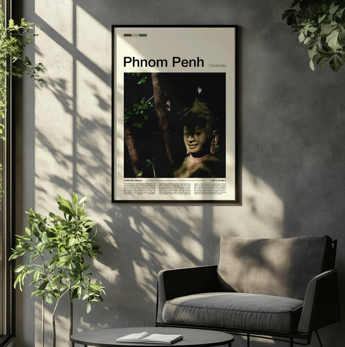 Phnom Penh Buddha Statue Travel Print framed on the wall of a relaxed living room