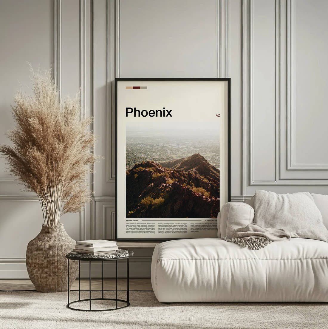 Phoenix Mountain Ridge Over City Travel Print framed on the wall of a calm, neutral bedroom