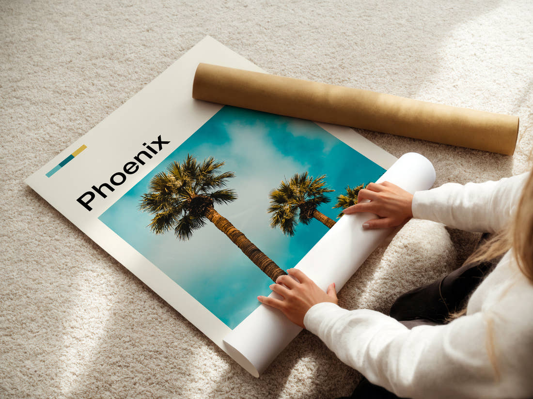 Phoenix Palm Trees Travel Print being unrolled from its postal tube