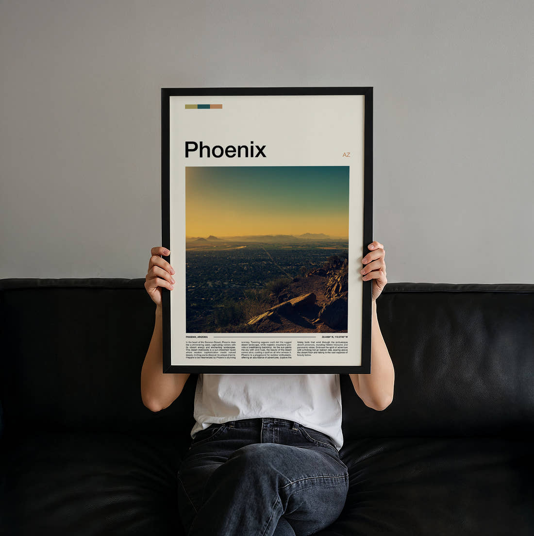 Phoenix Desert Valley At Sunrise Travel Print held up by hand to show the size of the print