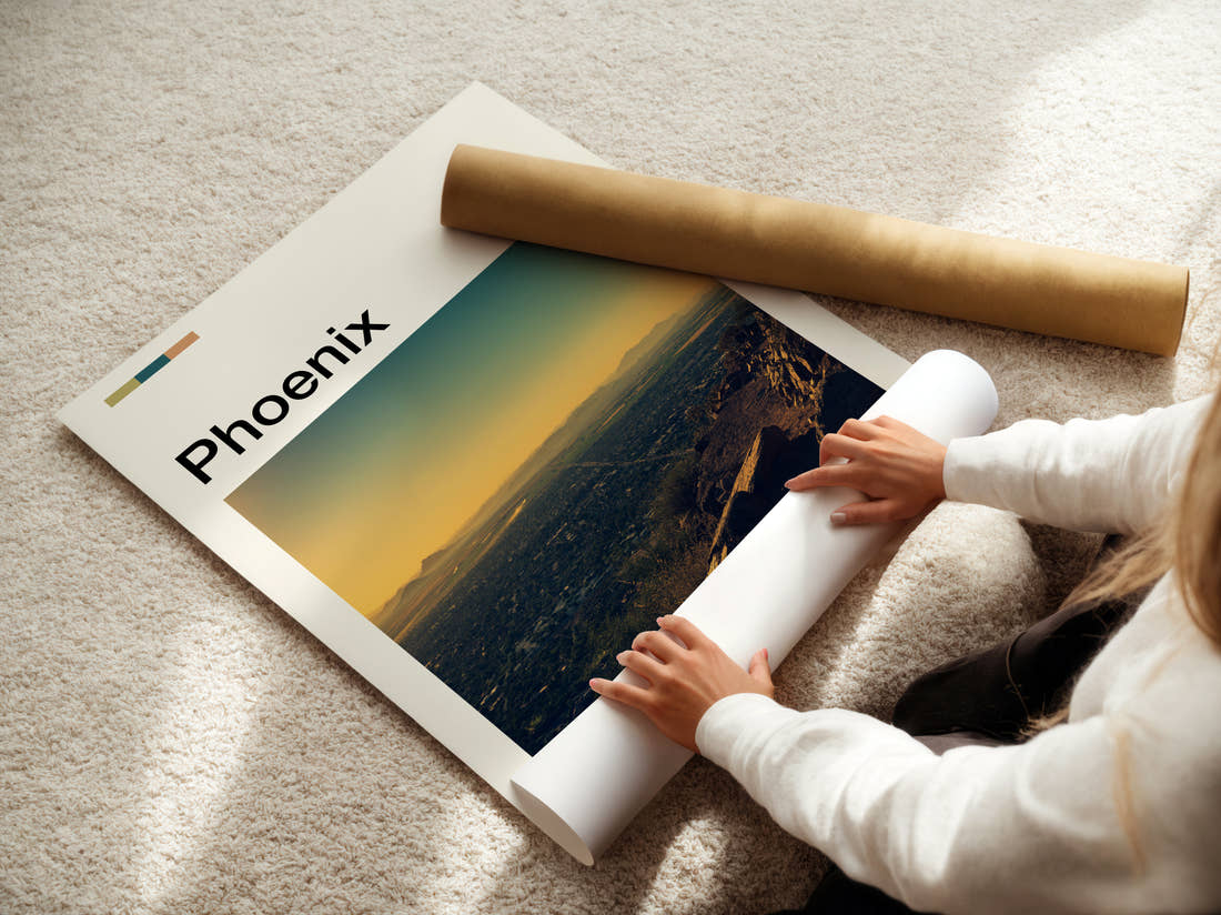 Phoenix Desert Valley At Sunrise Travel Print being unrolled from its postal tube