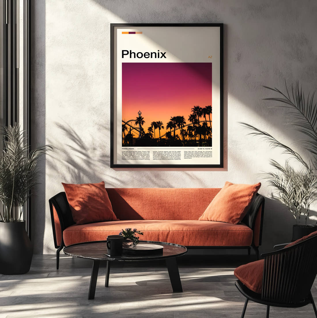 Phoenix Palm Trees At Sunset Travel Print framed on the wall of a modern living room