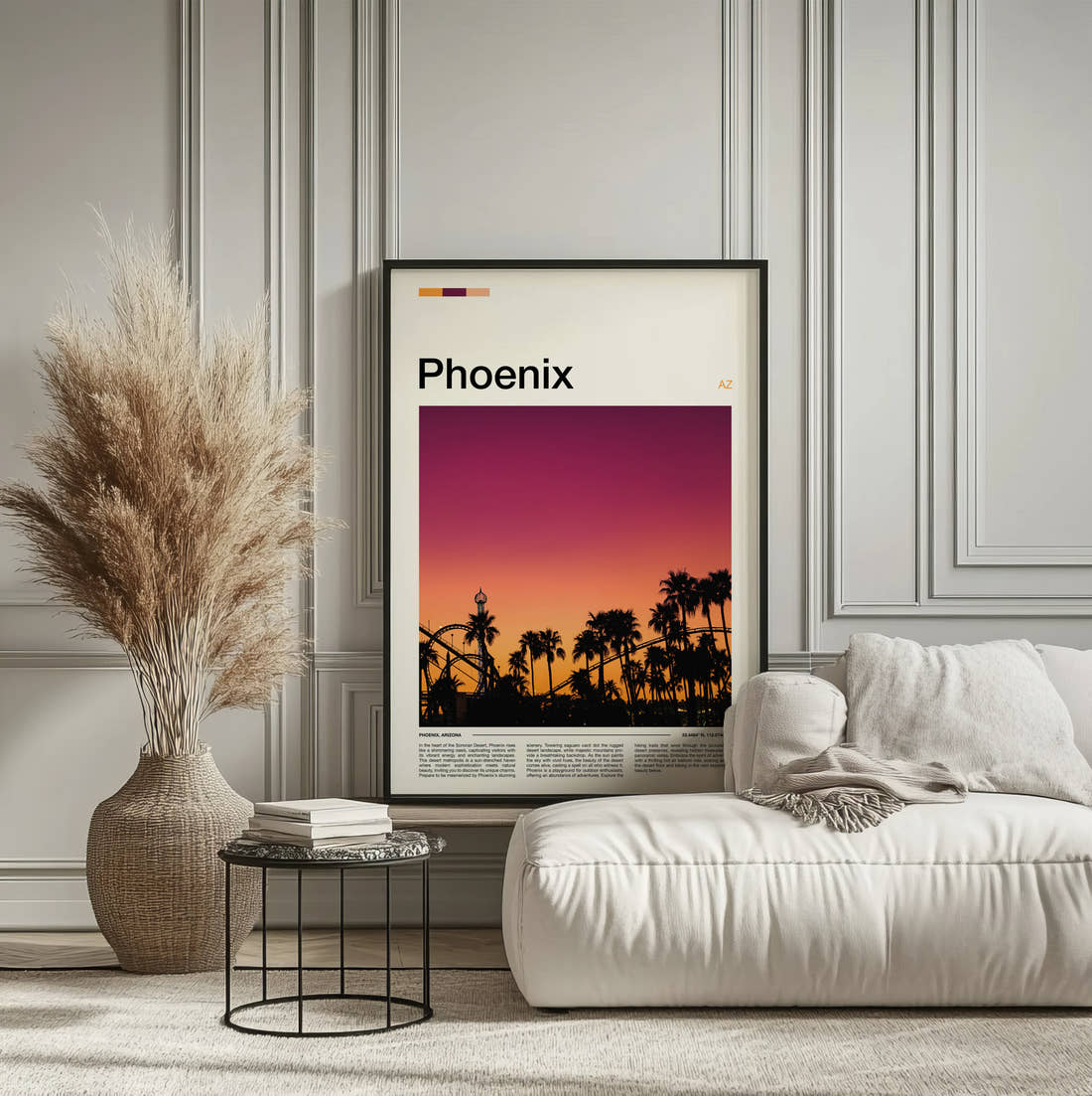 Phoenix Palm Trees At Sunset Travel Print framed on the wall of a calm, neutral bedroom