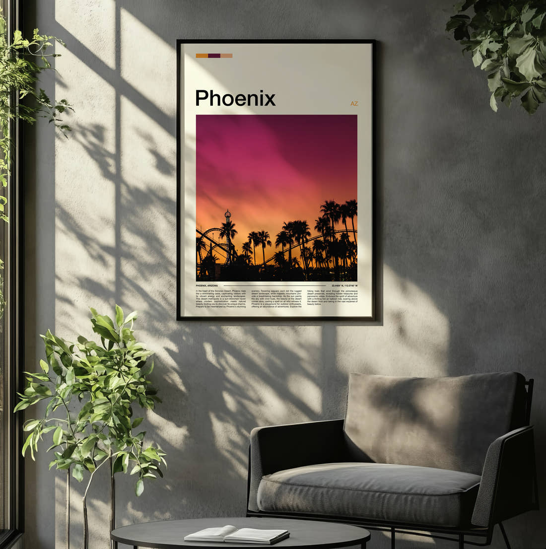 Phoenix Palm Trees At Sunset Travel Print framed on the wall of a relaxed living room