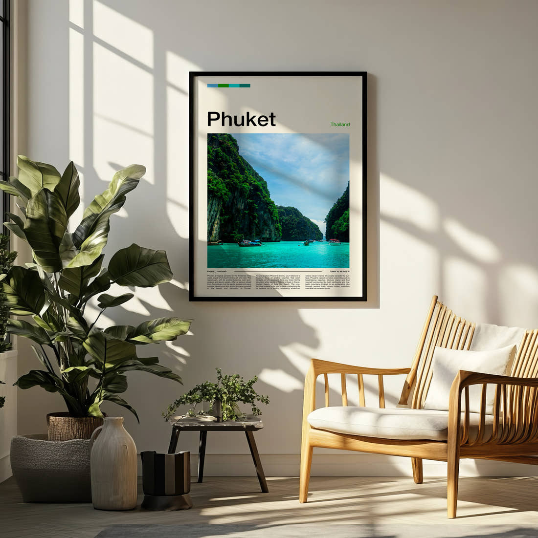 Phuket Limestone Cliffs And Bay Travel Print framed on a pale wall beside houseplants