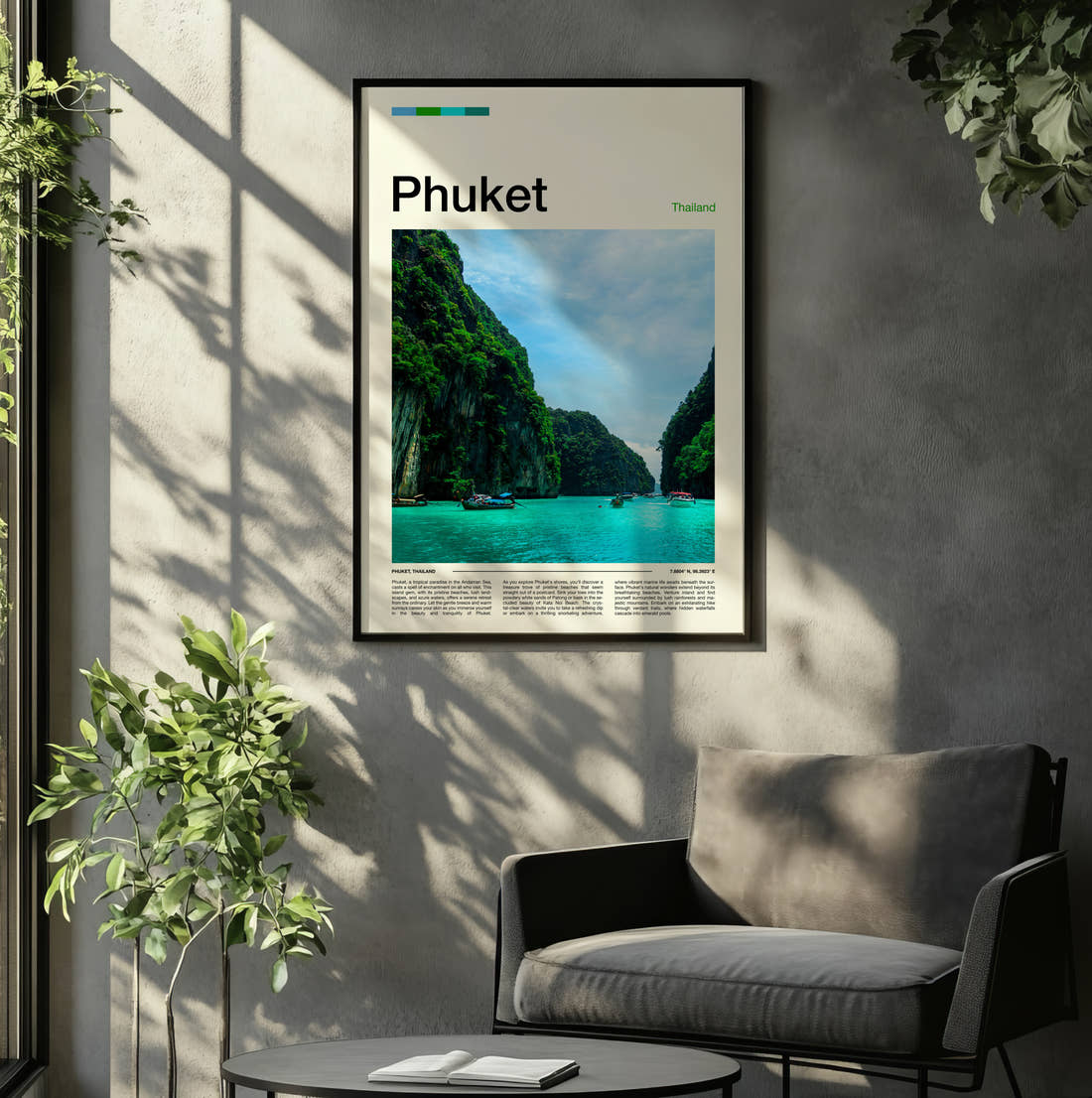 Phuket Limestone Cliffs And Bay Travel Print framed on the wall of a relaxed living room