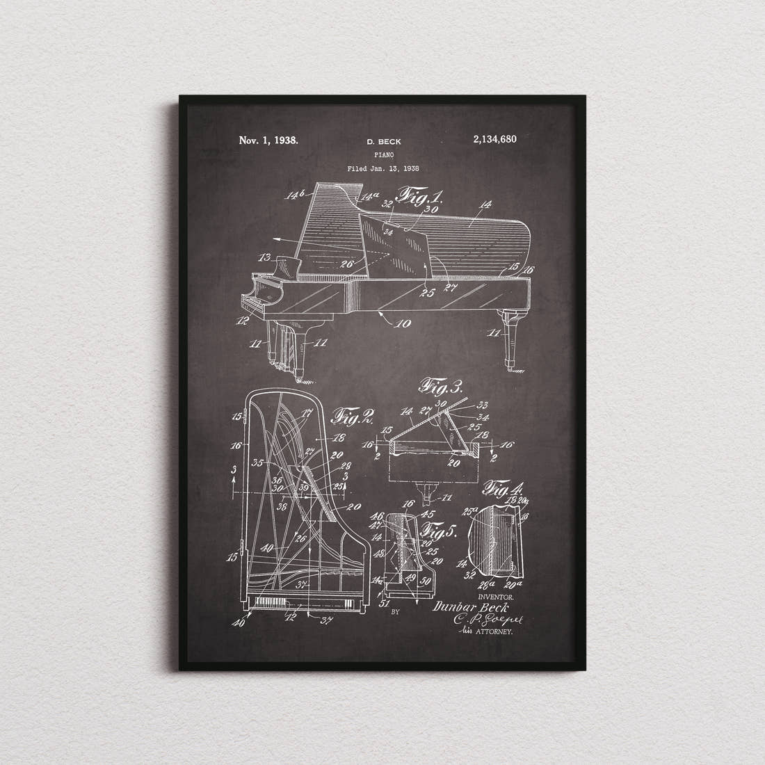 Piano 1938 Patent Print in the blackboard colourway, framed