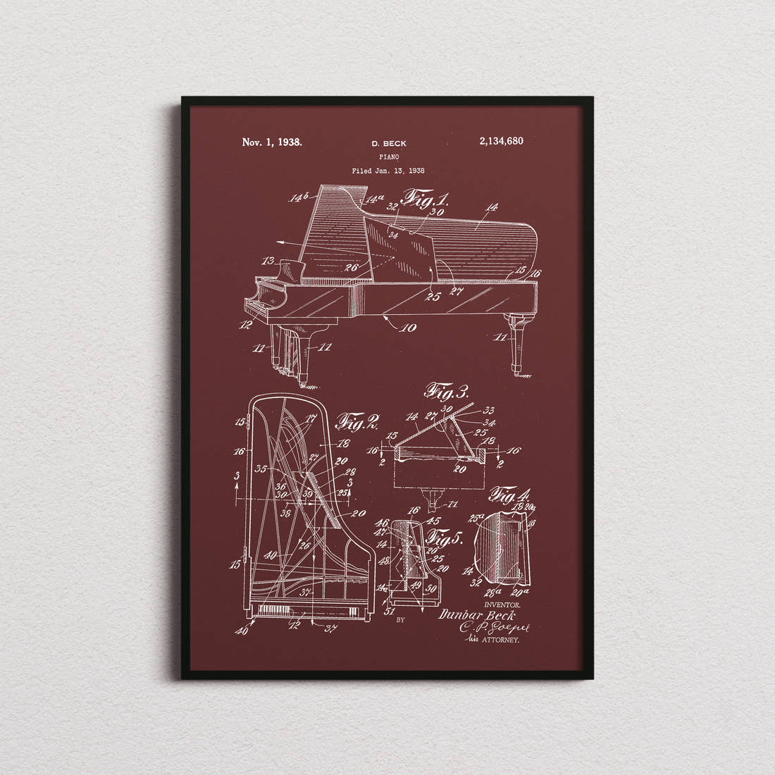 Piano 1938 Patent Print in the burgundy colourway, framed