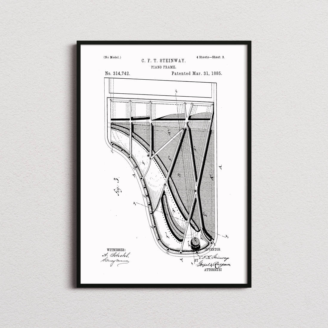 Piano Steinway Patent Print in the white colourway, framed