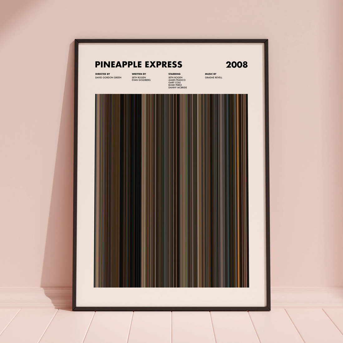 Pineapple Express Movie Barcode Poster framed and leaning against a coloured wall