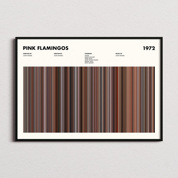 Pink Flamingos Movie Barcode Poster framed and photographed straight on