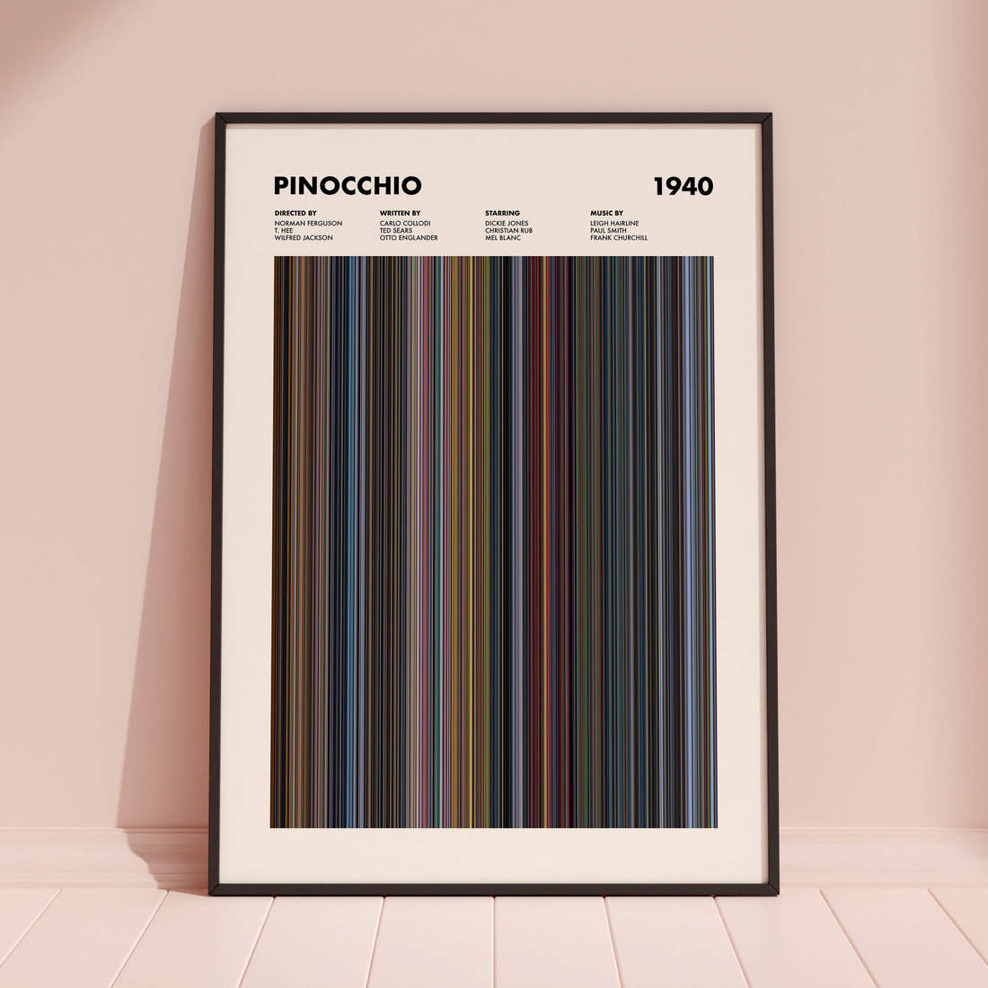 Pinocchio Movie Barcode Poster framed and leaning against a coloured wall