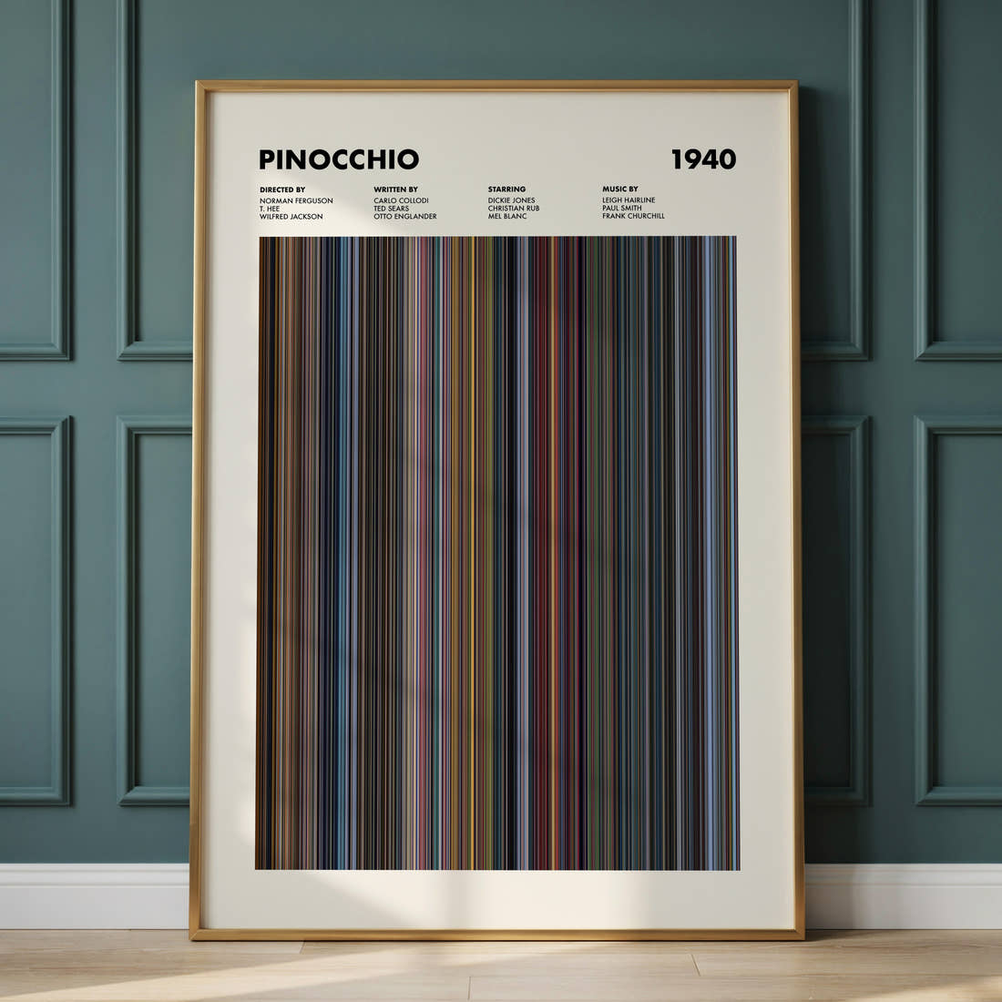Pinocchio Movie Barcode Poster framed and leaning against a panelled wall