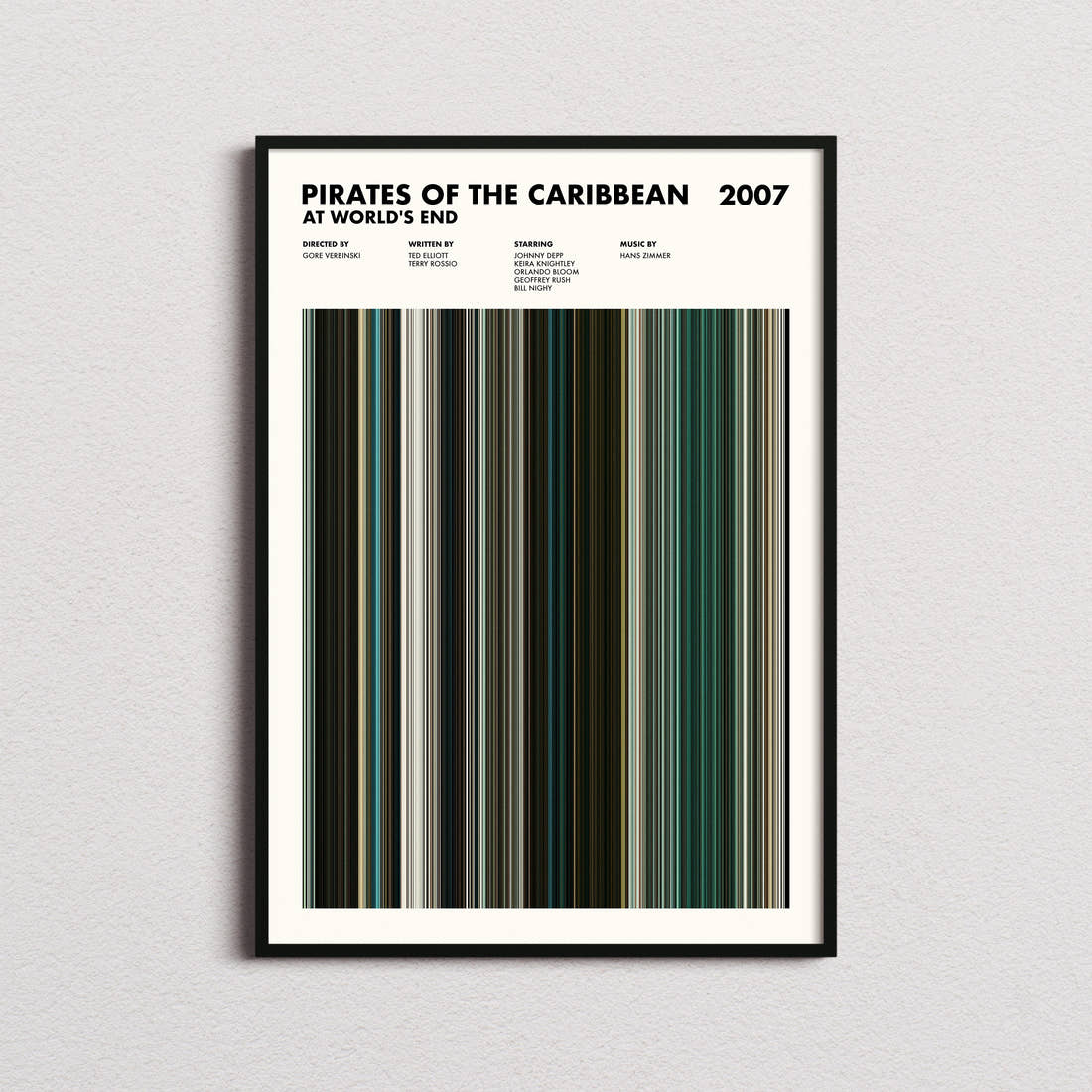 Pirates of the Caribbean: At World's End Movie Barcode Poster framed on a plain studio wall