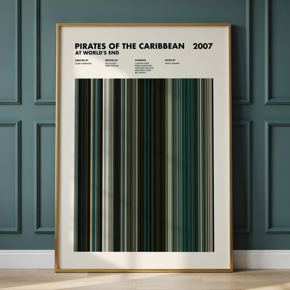 Pirates of the Caribbean: At World's End Movie Barcode Poster framed and leaning against a panelled wall