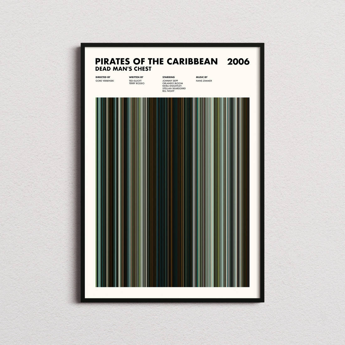 Pirates of the Caribbean: Dead Man's Chest Movie Barcode Poster framed on a plain studio wall