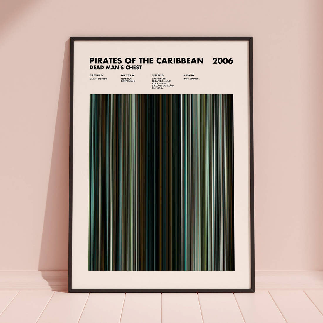 Pirates of the Caribbean: Dead Man's Chest Movie Barcode Poster framed and leaning against a coloured wall