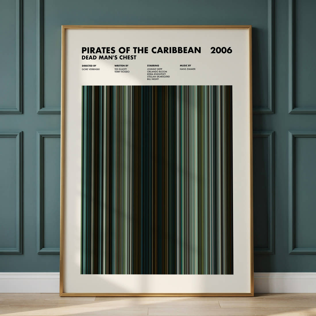 Pirates of the Caribbean: Dead Man's Chest Movie Barcode Poster framed and leaning against a panelled wall