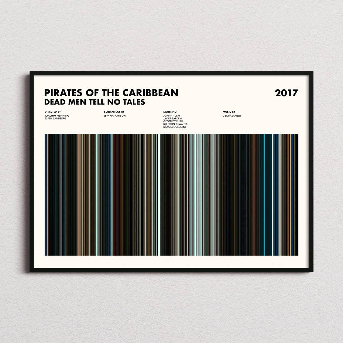 Pirates of the Caribbean: Dead Men Tell No Tales Movie Barcode Poster framed and photographed straight on