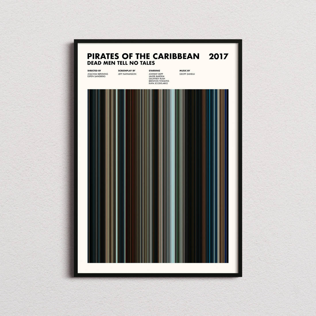 Pirates of the Caribbean: Dead Men Tell No Tales Movie Barcode Poster framed on a plain studio wall