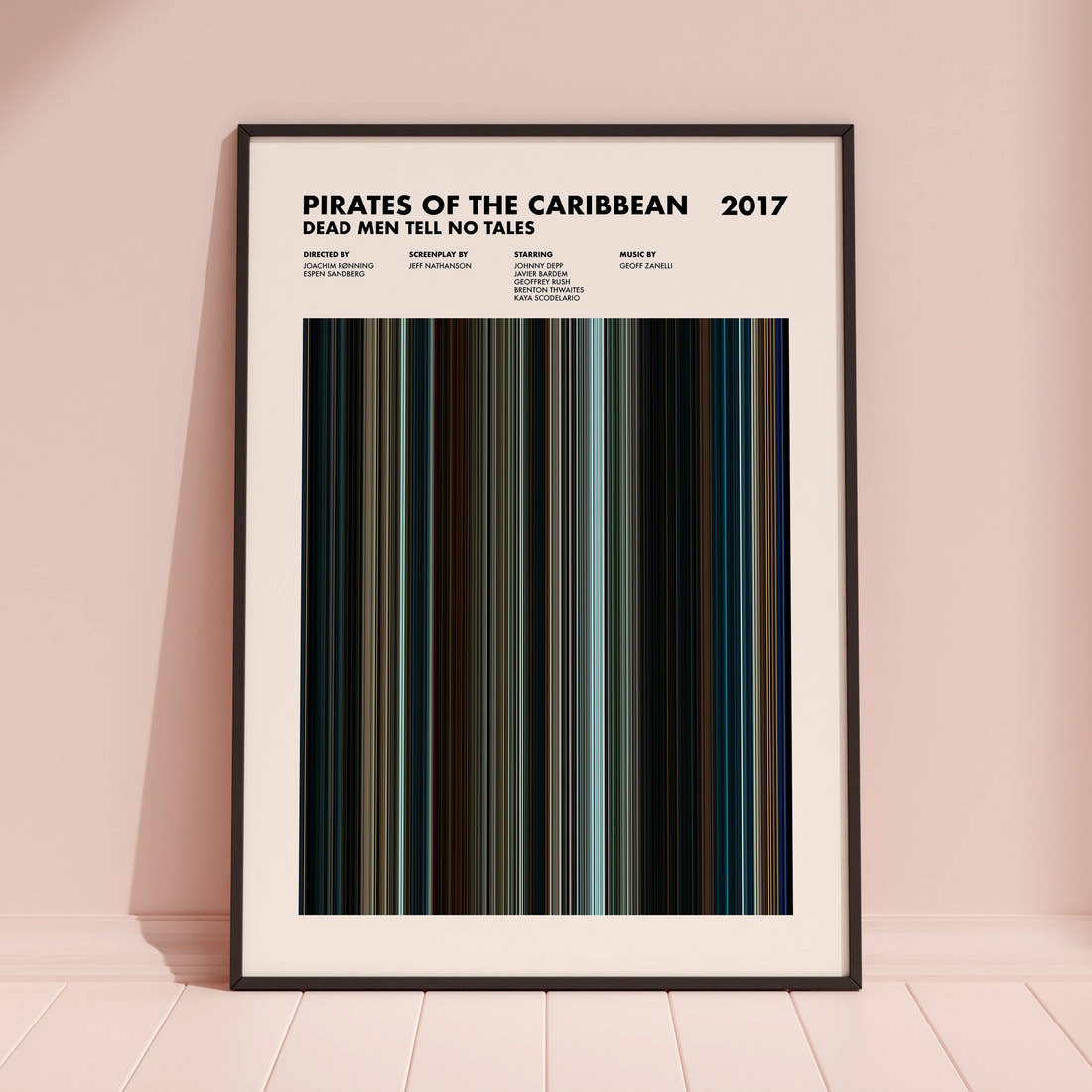 Pirates of the Caribbean: Dead Men Tell No Tales Movie Barcode Poster framed and leaning against a coloured wall