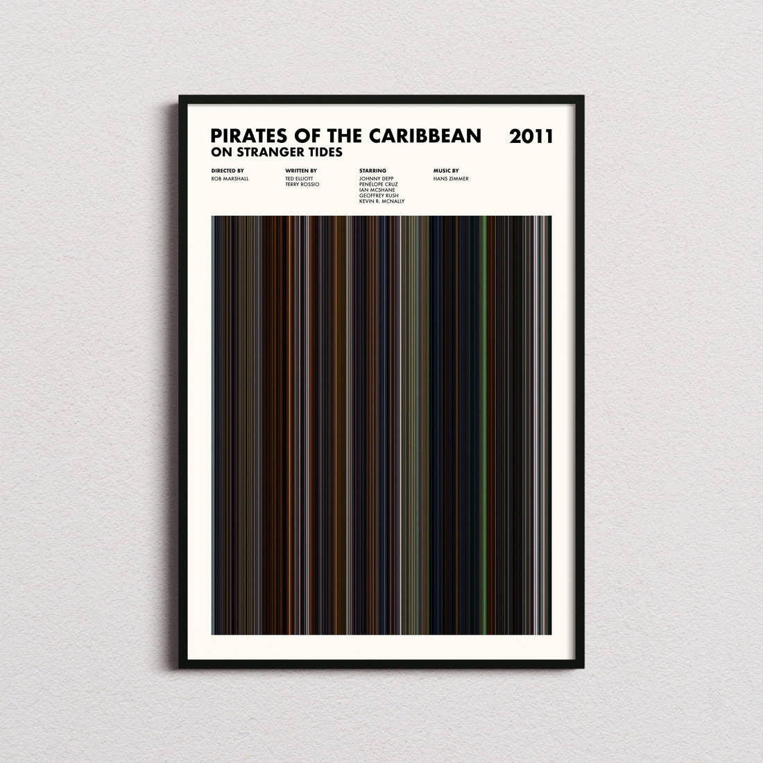 Pirates of the Caribbean: On Stranger Tides Movie Barcode Poster framed on a plain studio wall