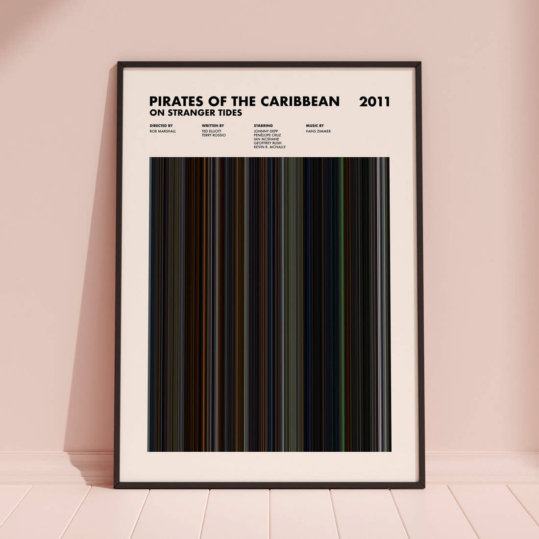 Pirates of the Caribbean: On Stranger Tides Movie Barcode Poster framed and leaning against a coloured wall