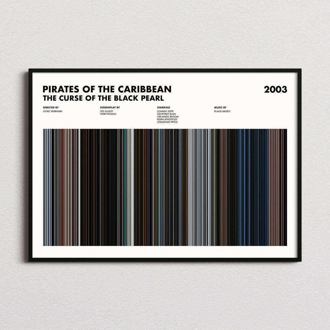 Pirates of the Caribbean: The Curse of the Black Pearl Movie Barcode Poster framed and photographed straight on
