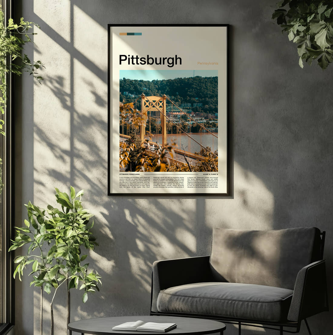 Pittsburgh Yellow Suspension Bridge Travel Print framed on the wall of a relaxed living room