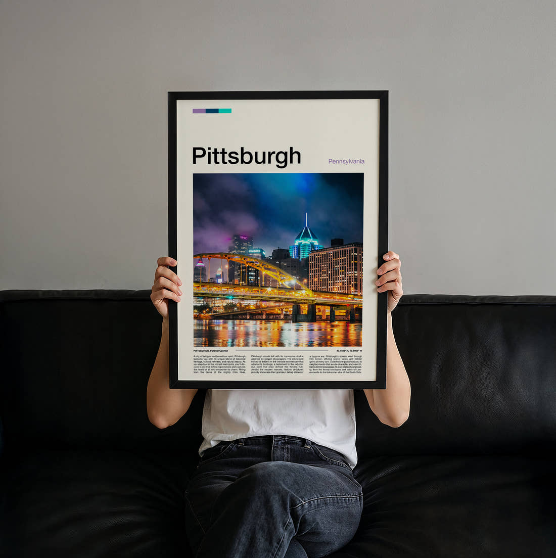 Pittsburgh Bridge At Night Travel Print held up by hand to show the size of the print