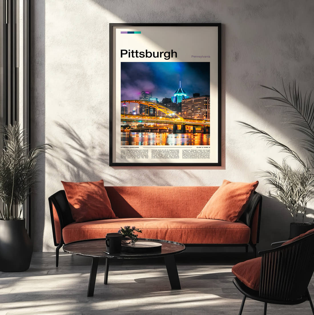 Pittsburgh Bridge At Night Travel Print framed on the wall of a modern living room
